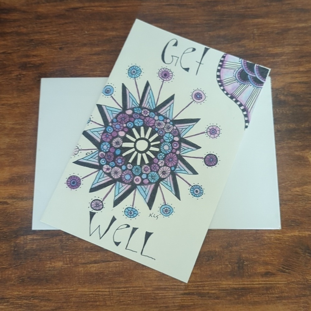 🌻 5/$20 Handmade Floral Zentangle Card- Blue, Purple& Black- Get Well Card